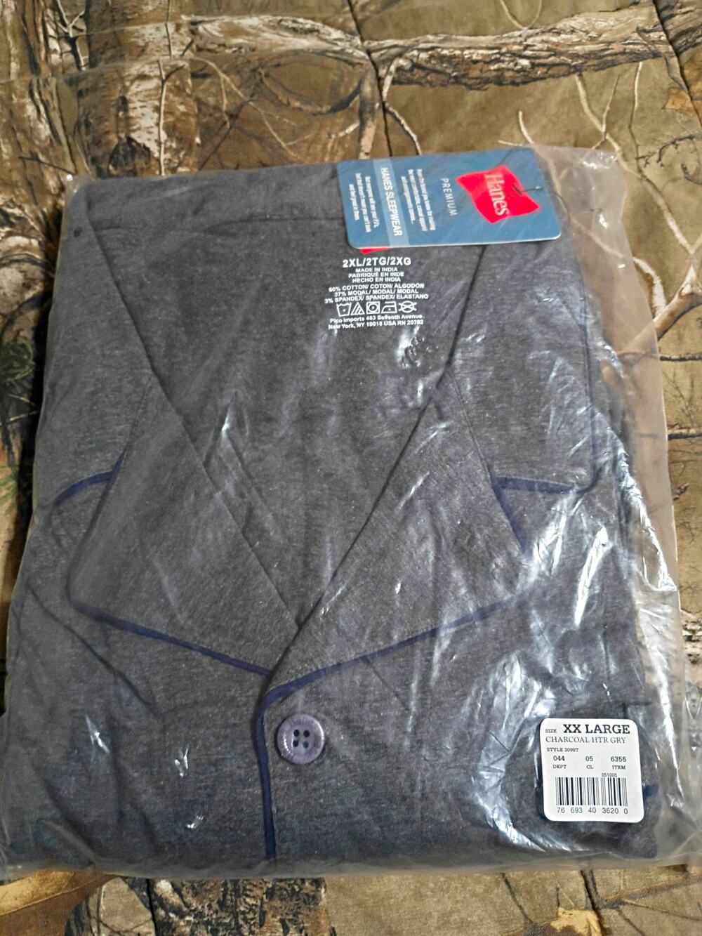 Hanes Mens Pajamas Set XXL NWT Gray Pull-on Pants and Button Shirt Long Sleeve